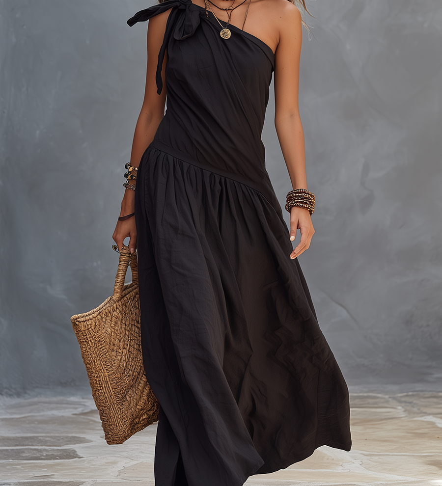 SELENA | Maxi Üksõlgne Must Kleid