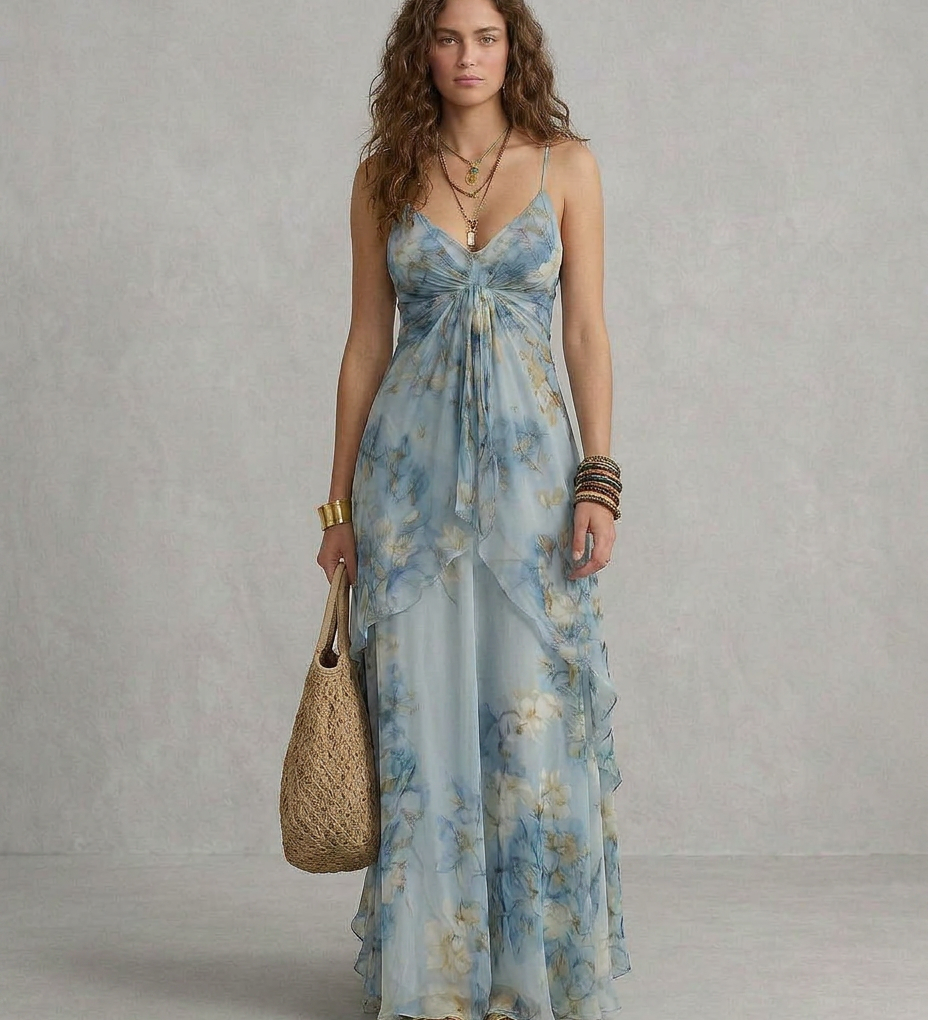ELISA | Maxi Slip Kleid Floreale Azzurro